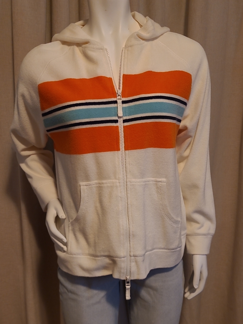 VTG Designers Originals TerryCloth Cream Zip Hoodie with Orange and Blue Stripes